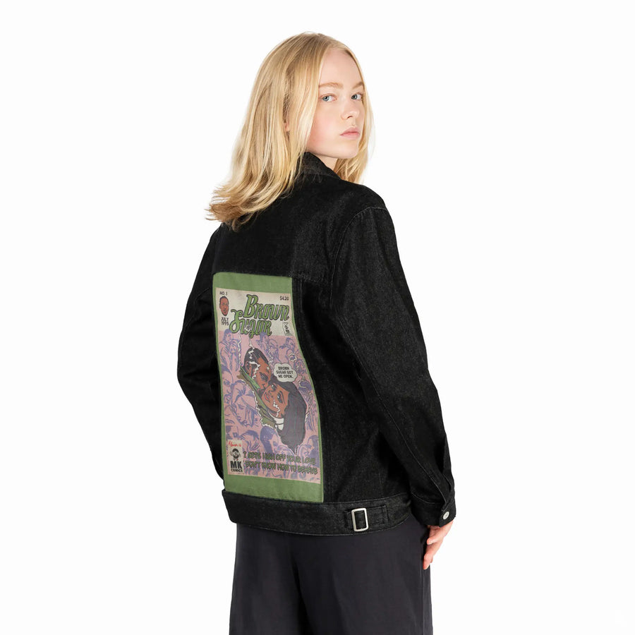 brownsugar patch on female og denim jacket in raven