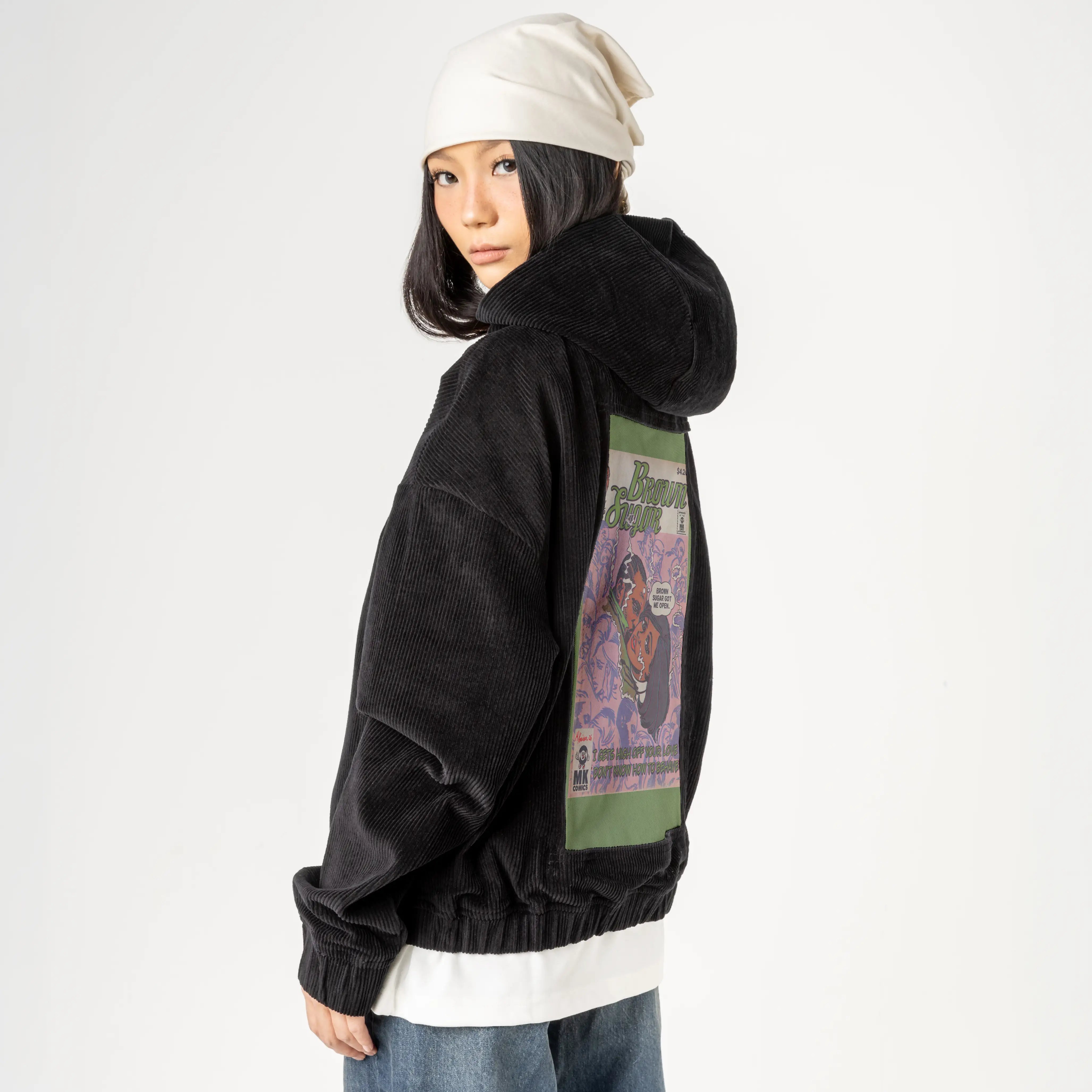 brownsugar patch on female retro cord hoodie in onyx