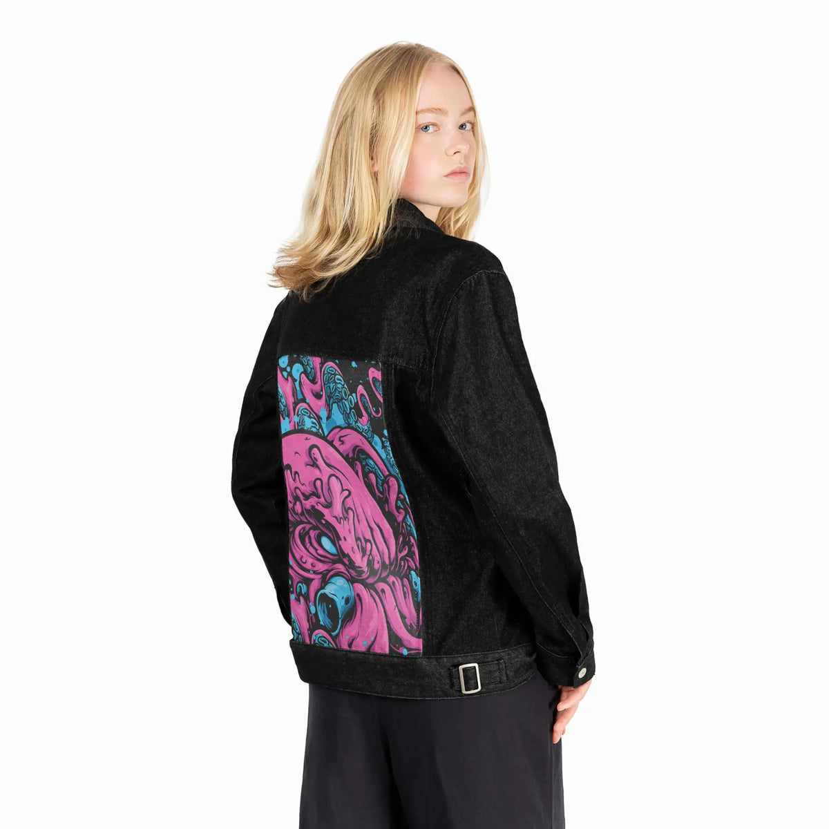 bubblegumkraken patch on female og denim jacket in raven
