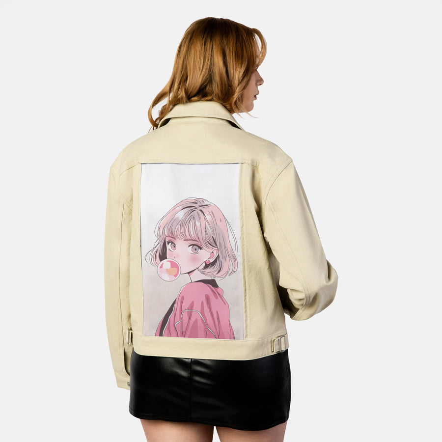 bubblegumlove patch on female atelier canvas jacket in tan