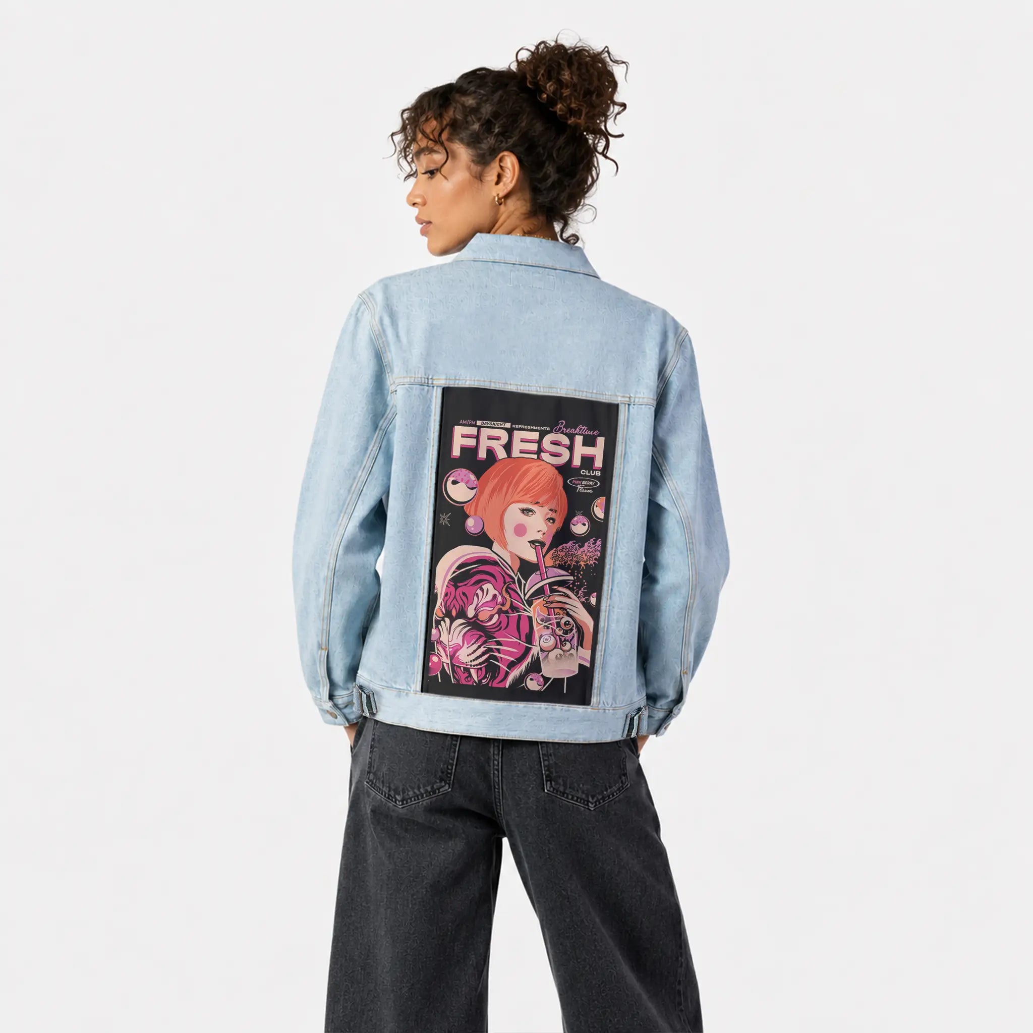 bubbleteageisha patch on female og denim jacket in oceanside