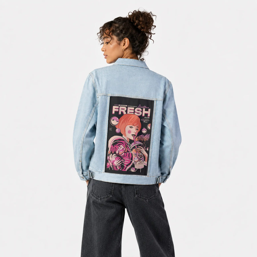 bubbleteageisha patch on female og denim jacket in oceanside