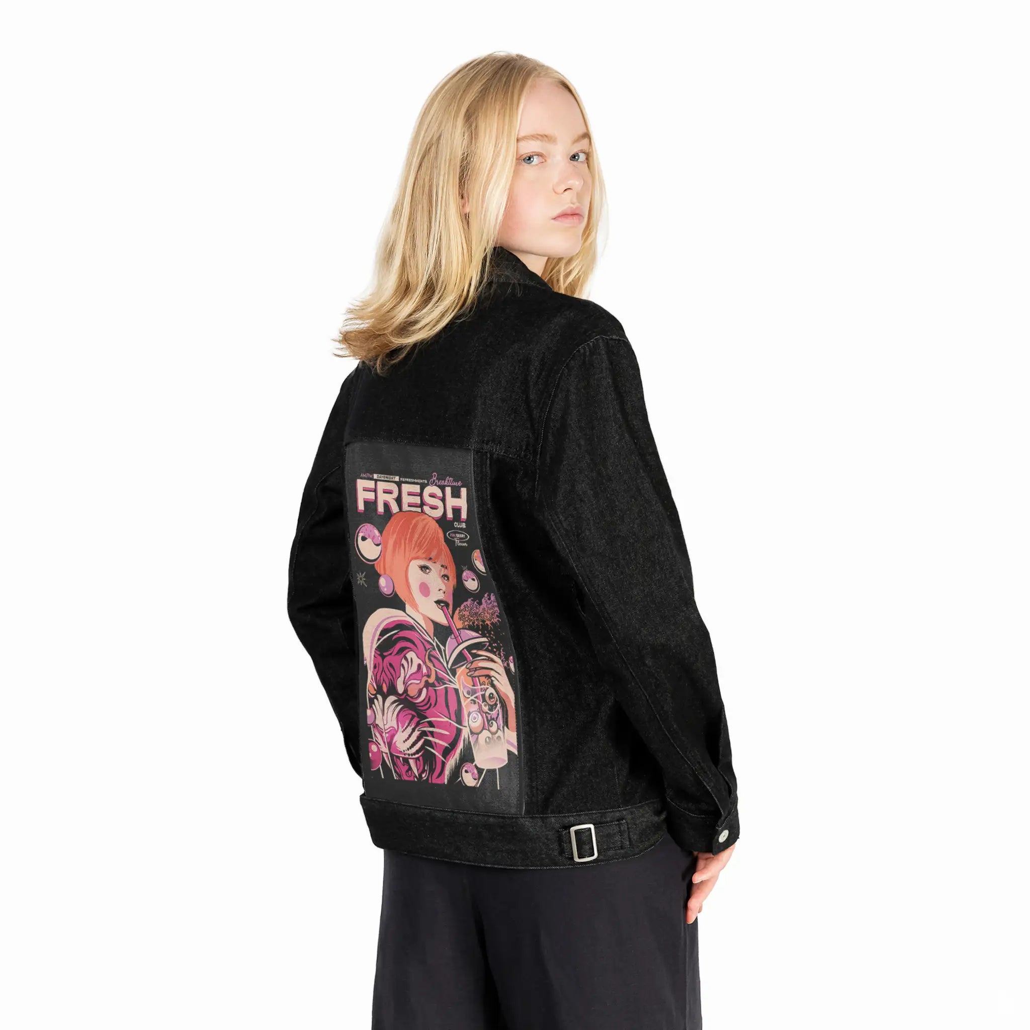 bubbleteageisha patch on female og denim jacket in raven