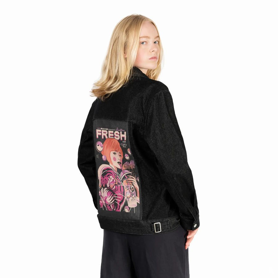 bubbleteageisha patch on female og denim jacket in raven