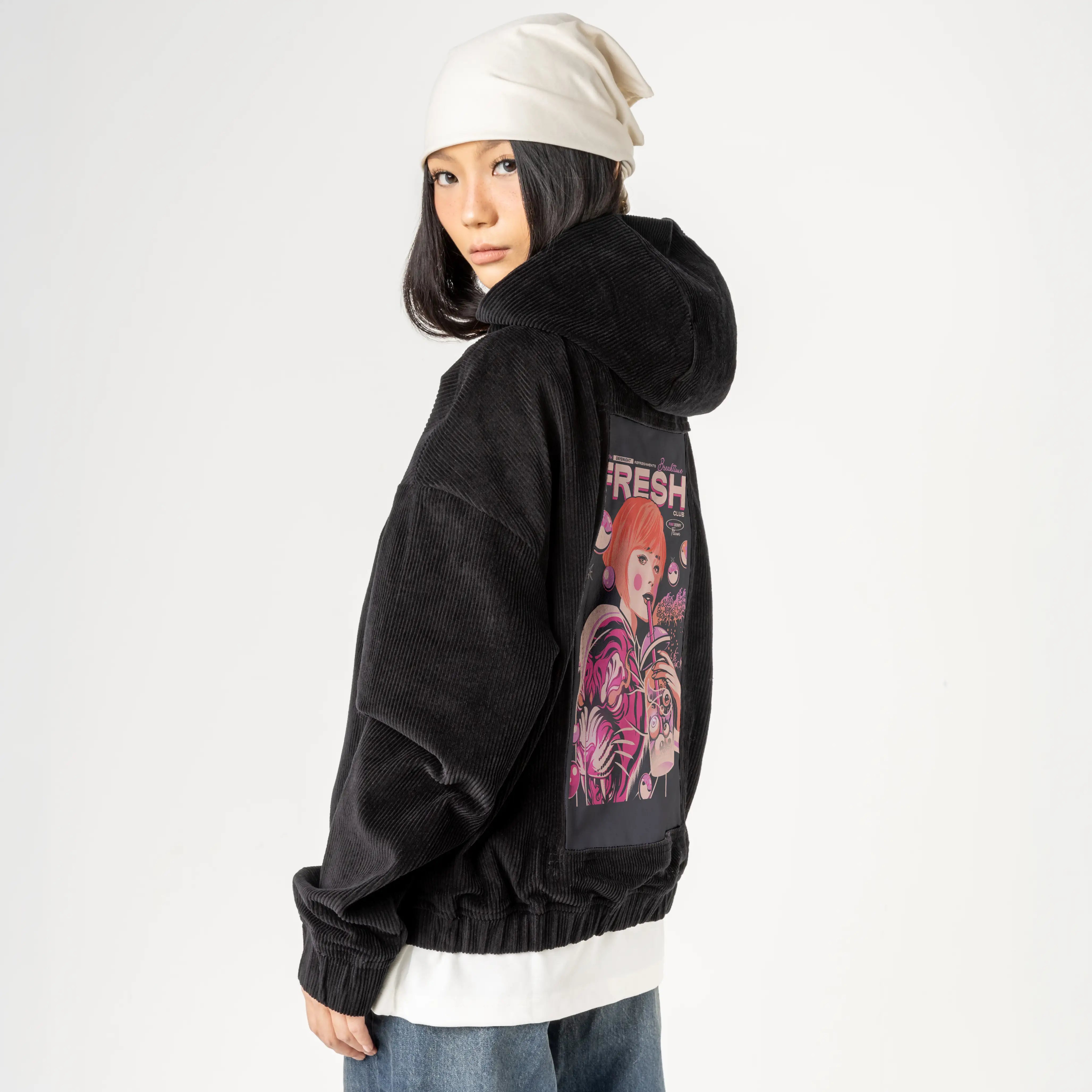 bubbleteageisha patch on female retro cord hoodie in onyx