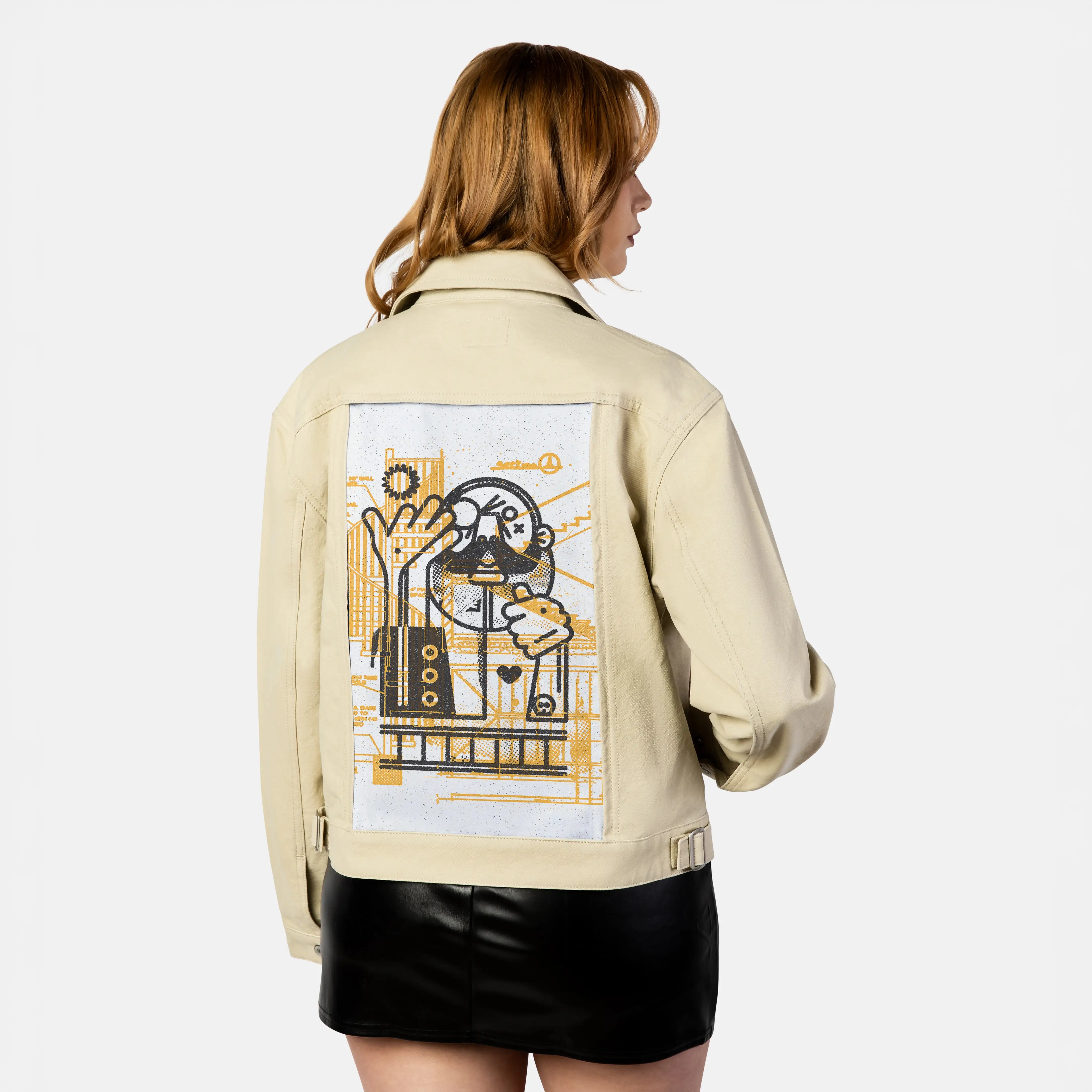 builder patch on female atelier canvas jacket in tan