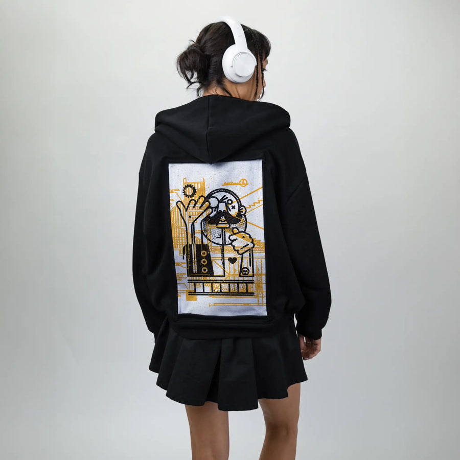 builder patch on female essential zip hoodie in after hours