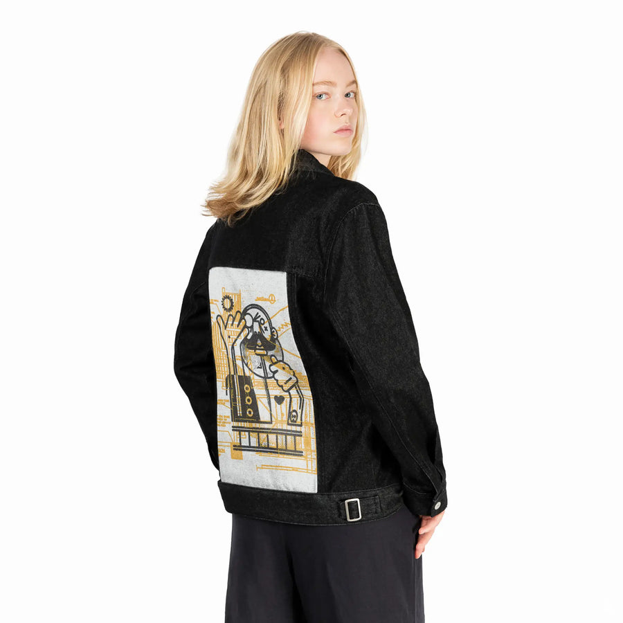 builder patch on female og denim jacket in raven