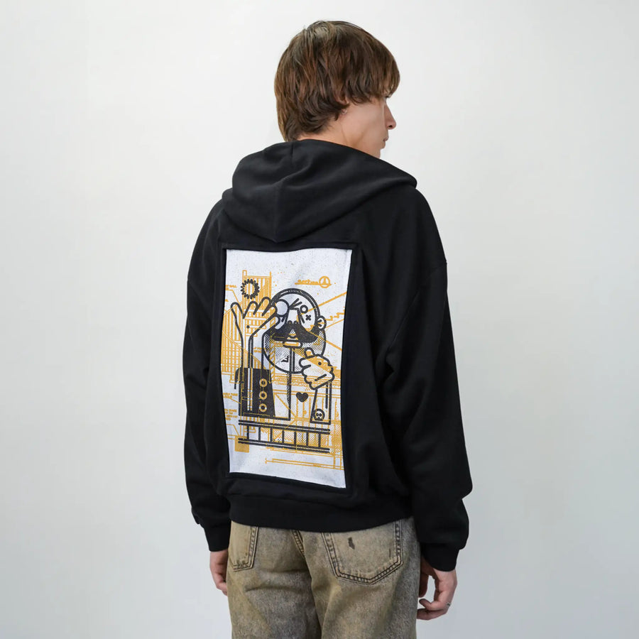 builder patch on male essential zip hoodie in after hours