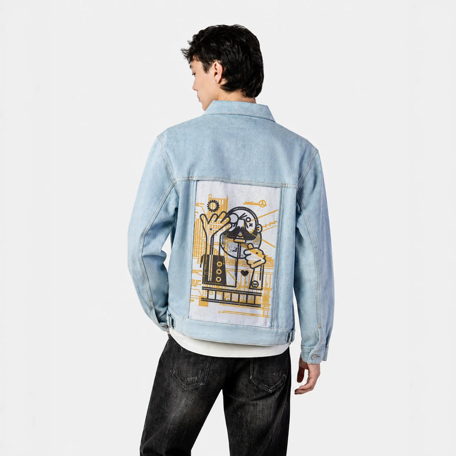 builder patch on male og denim jacket in oceanside