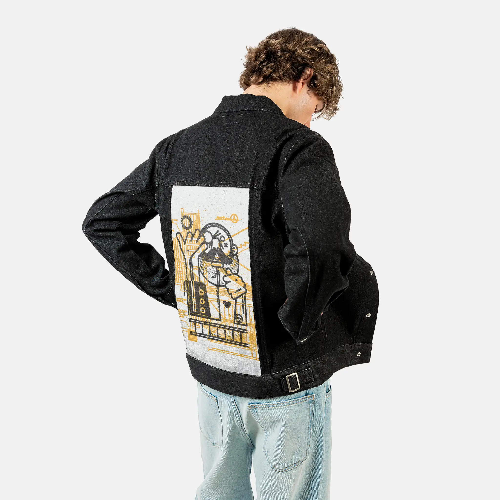builder patch on male og denim jacket in raven