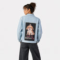 bullshitzu patch on female og denim jacket in oceanside
