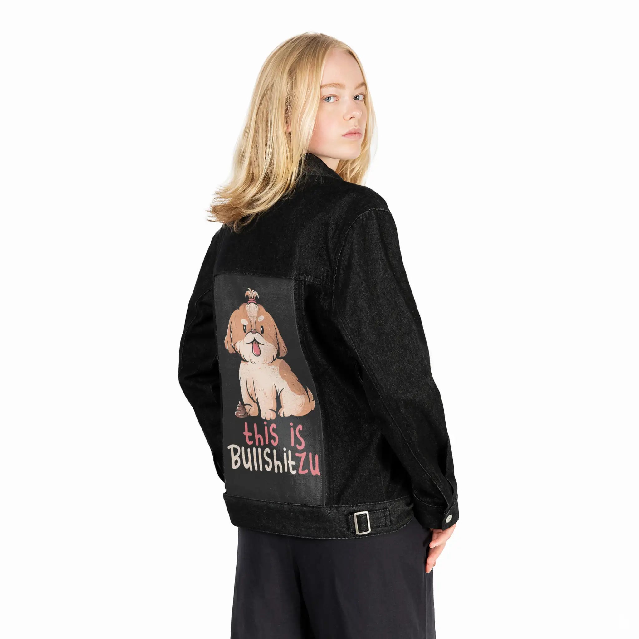 bullshitzu patch on female og denim jacket in raven