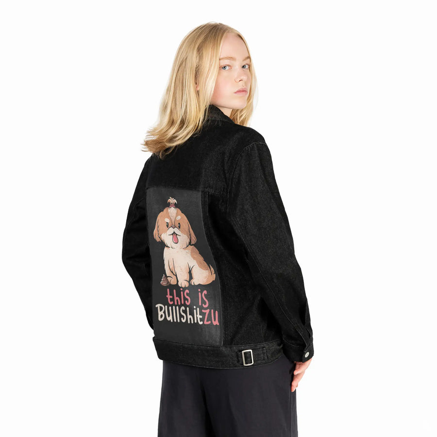 bullshitzu patch on female og denim jacket in raven