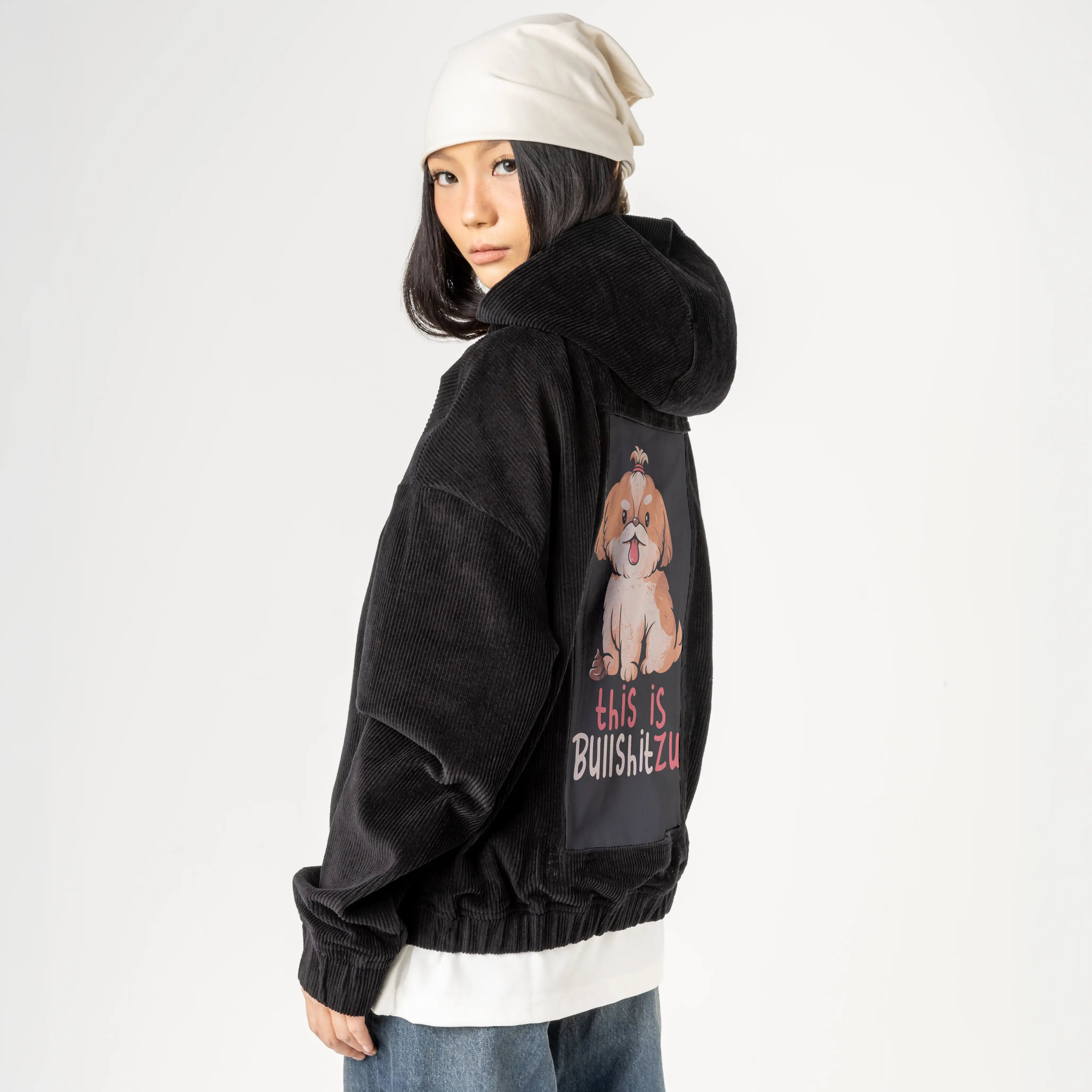 bullshitzu patch on female retro cord hoodie in onyx