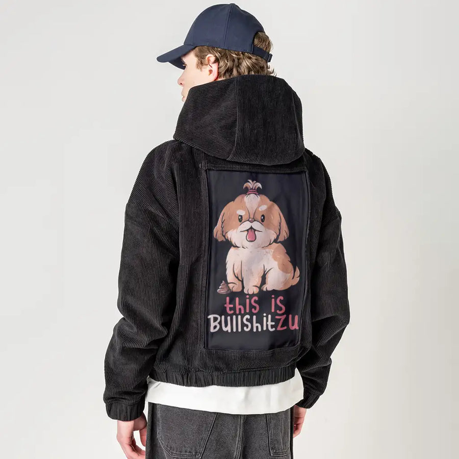 bullshitzu patch on male retro cord hoodie in onyx