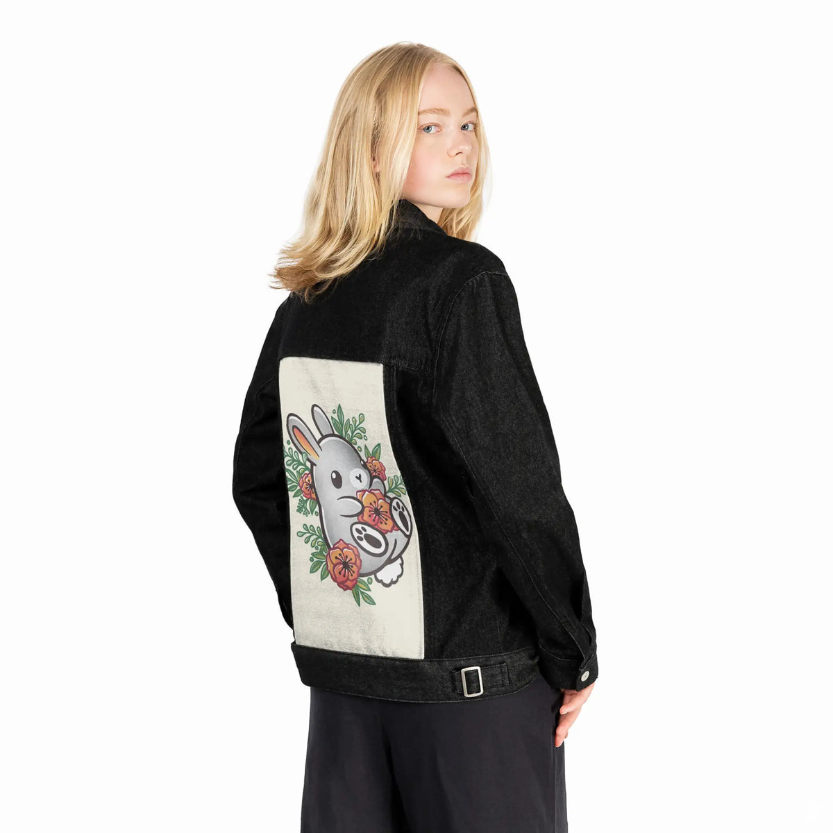 bunnyflowers patch on female og denim jacket in raven
