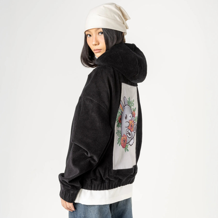 bunnyflowers patch on female retro cord hoodie in onyx