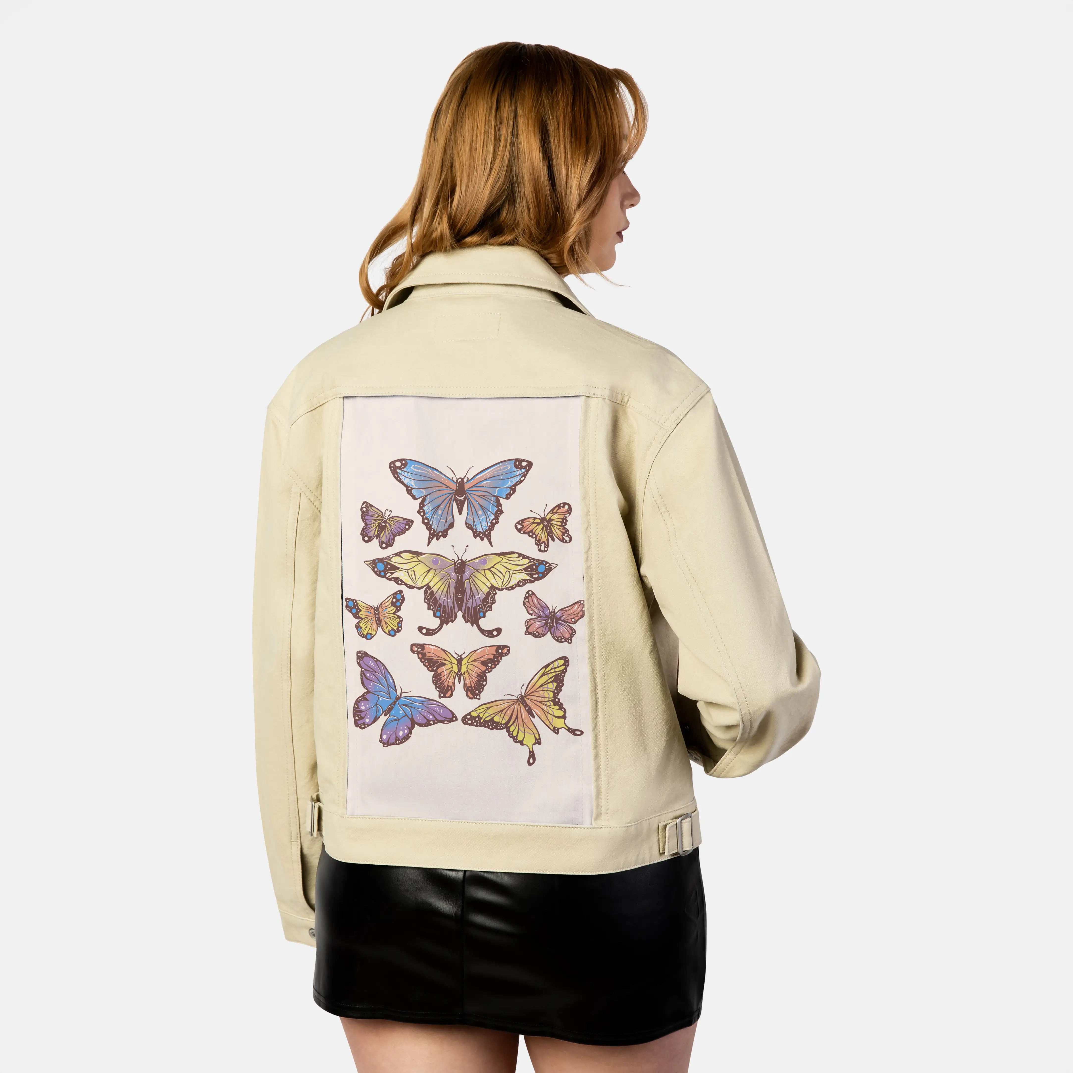 butterflies patch on female atelier canvas jacket in tan