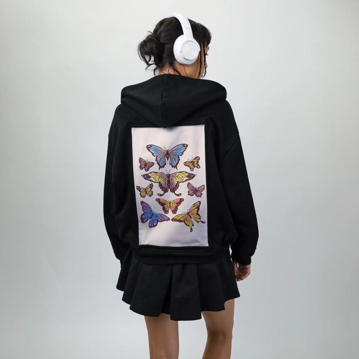 butterflies patch on female essential zip hoodie in after hours