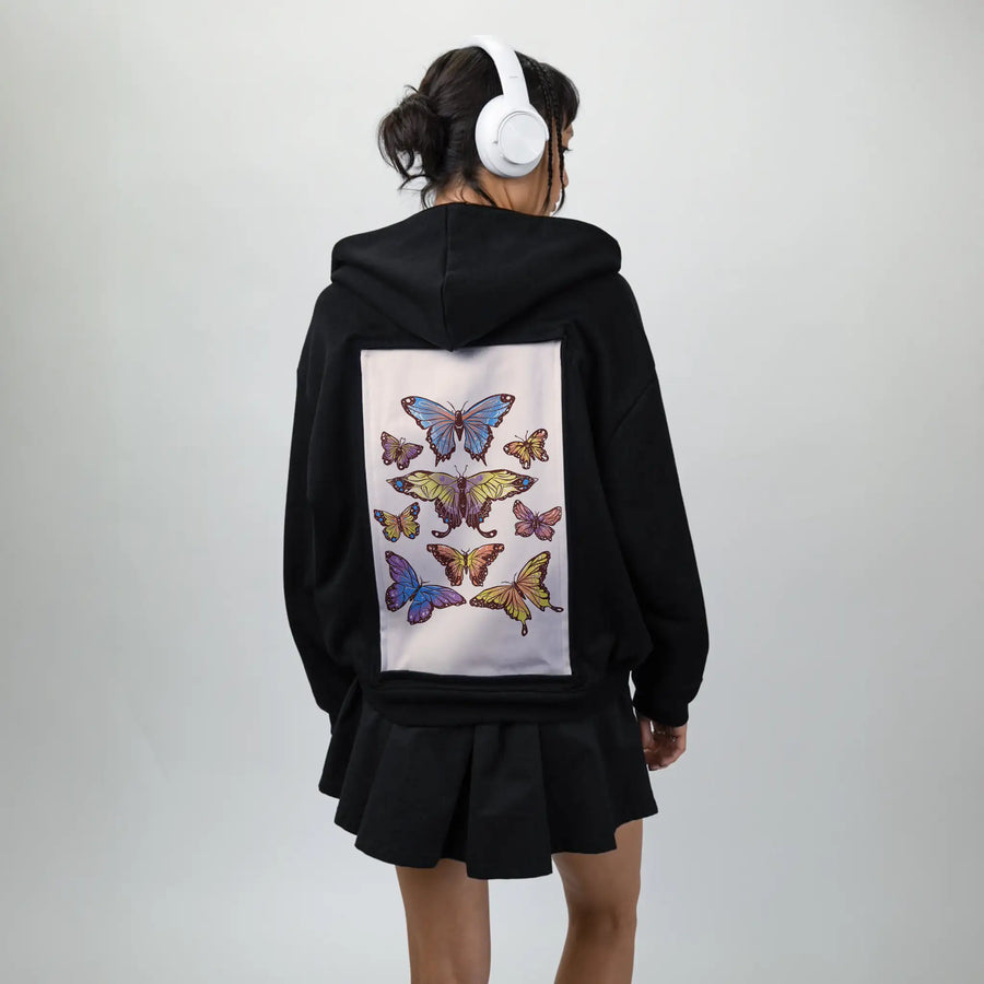 butterflies patch on female essential zip hoodie in after hours