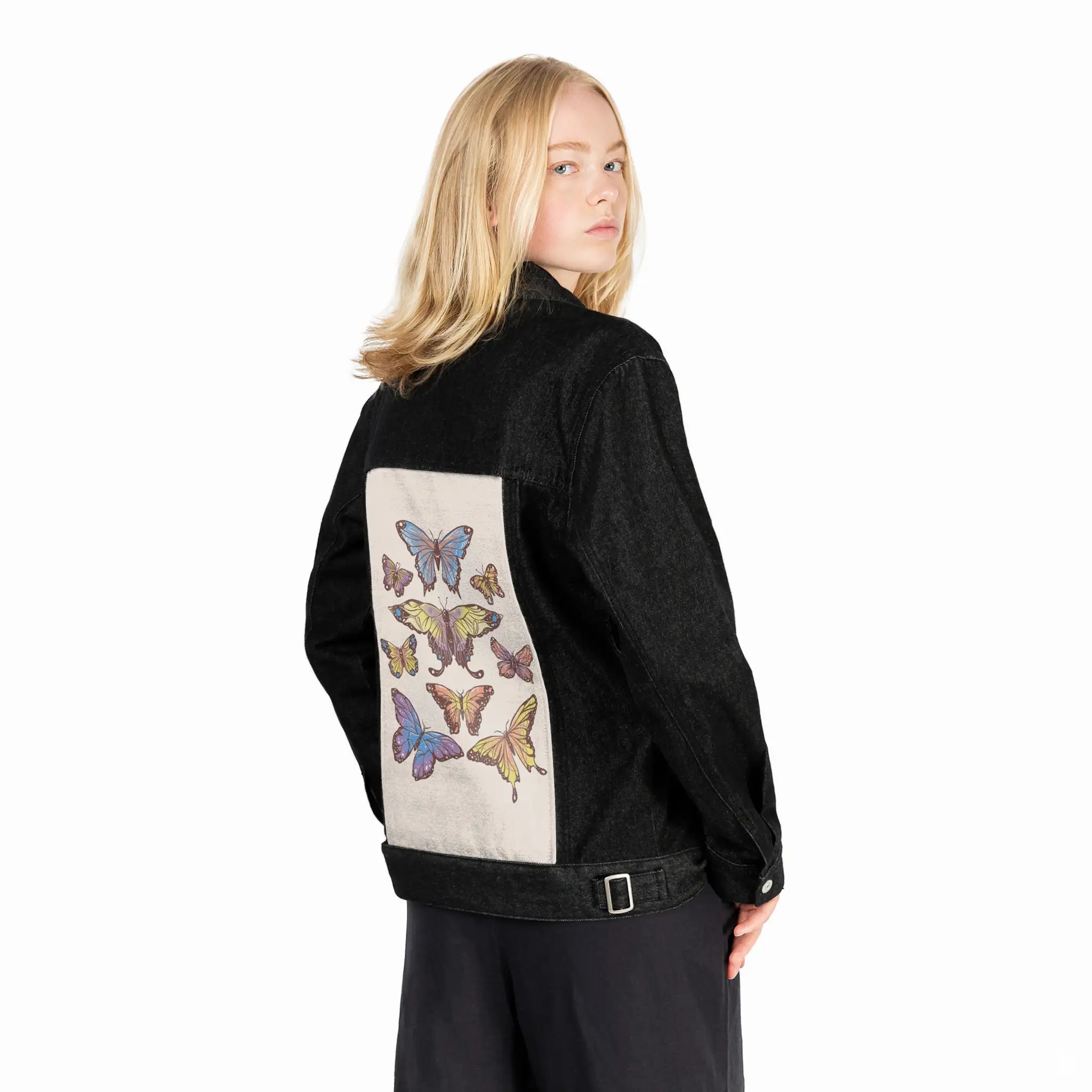 butterflies patch on female og denim jacket in raven