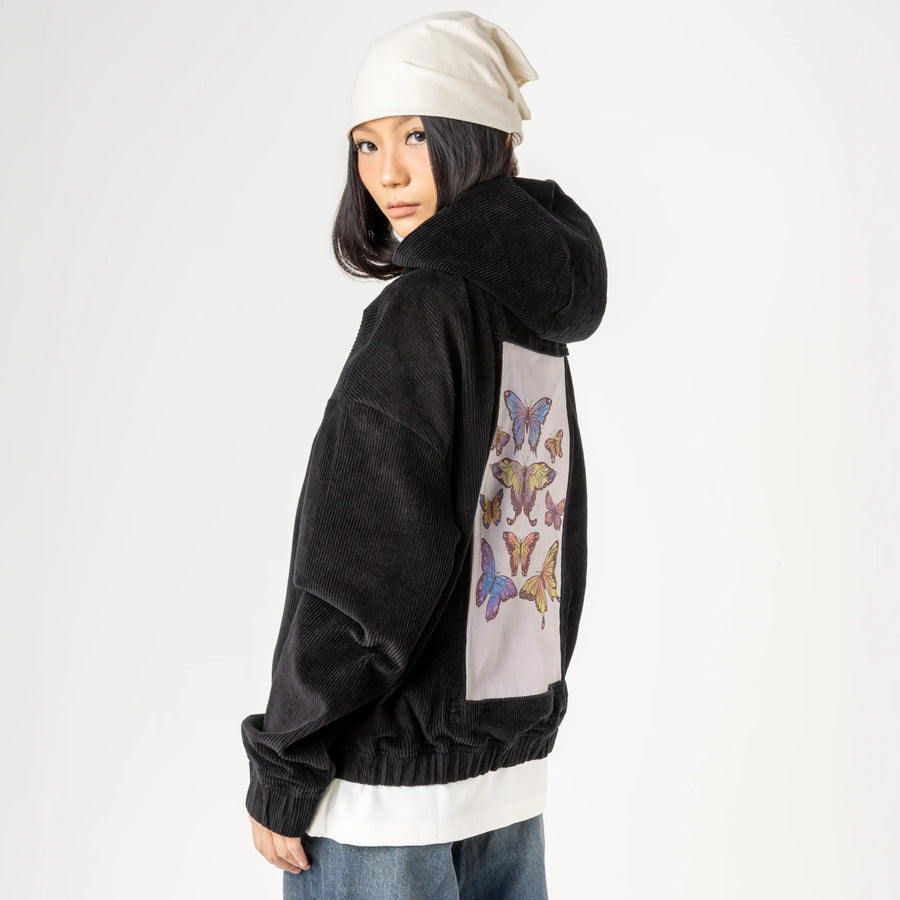 butterflies patch on female retro cord hoodie in onyx