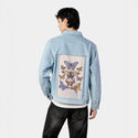 butterflies patch on male og denim jacket in oceanside