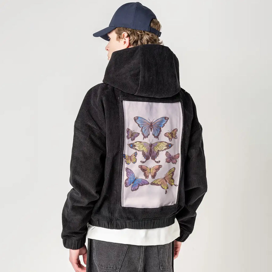 butterflies patch on male retro cord hoodie in onyx