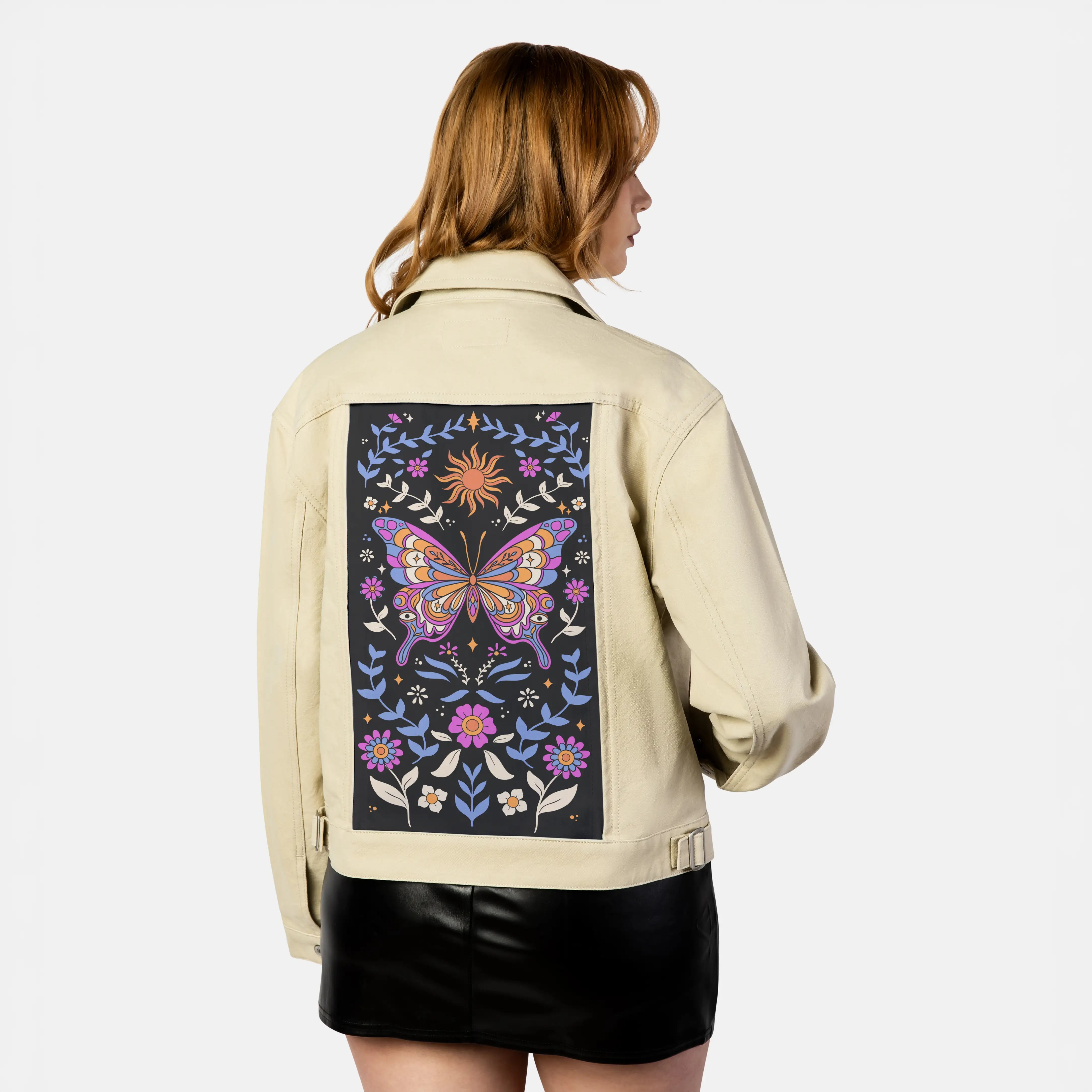 butterflykaleidoscope patch on female atelier canvas jacket in tan