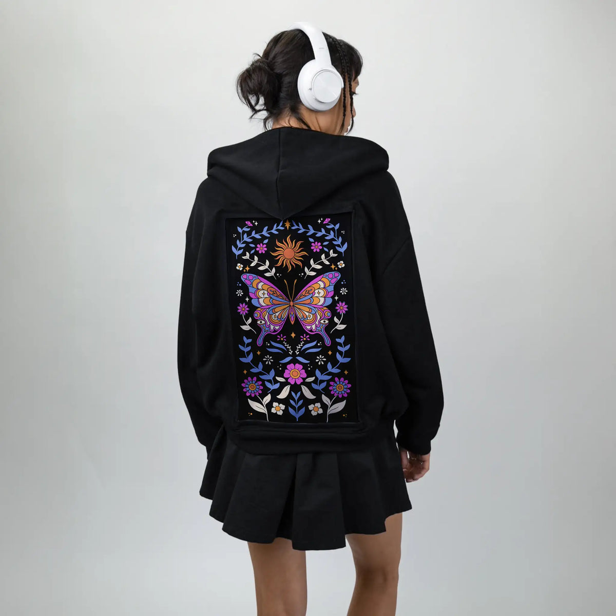 butterflykaleidoscope patch on female essential zip hoodie in after hours