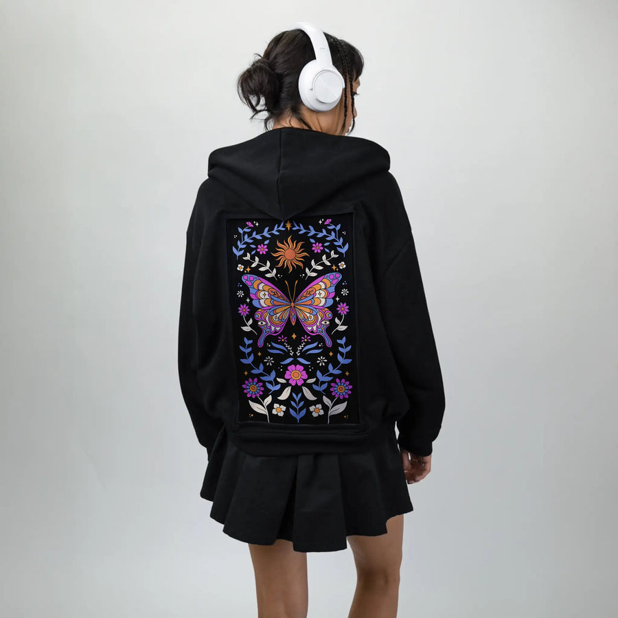 butterflykaleidoscope patch on female essential zip hoodie in after hours