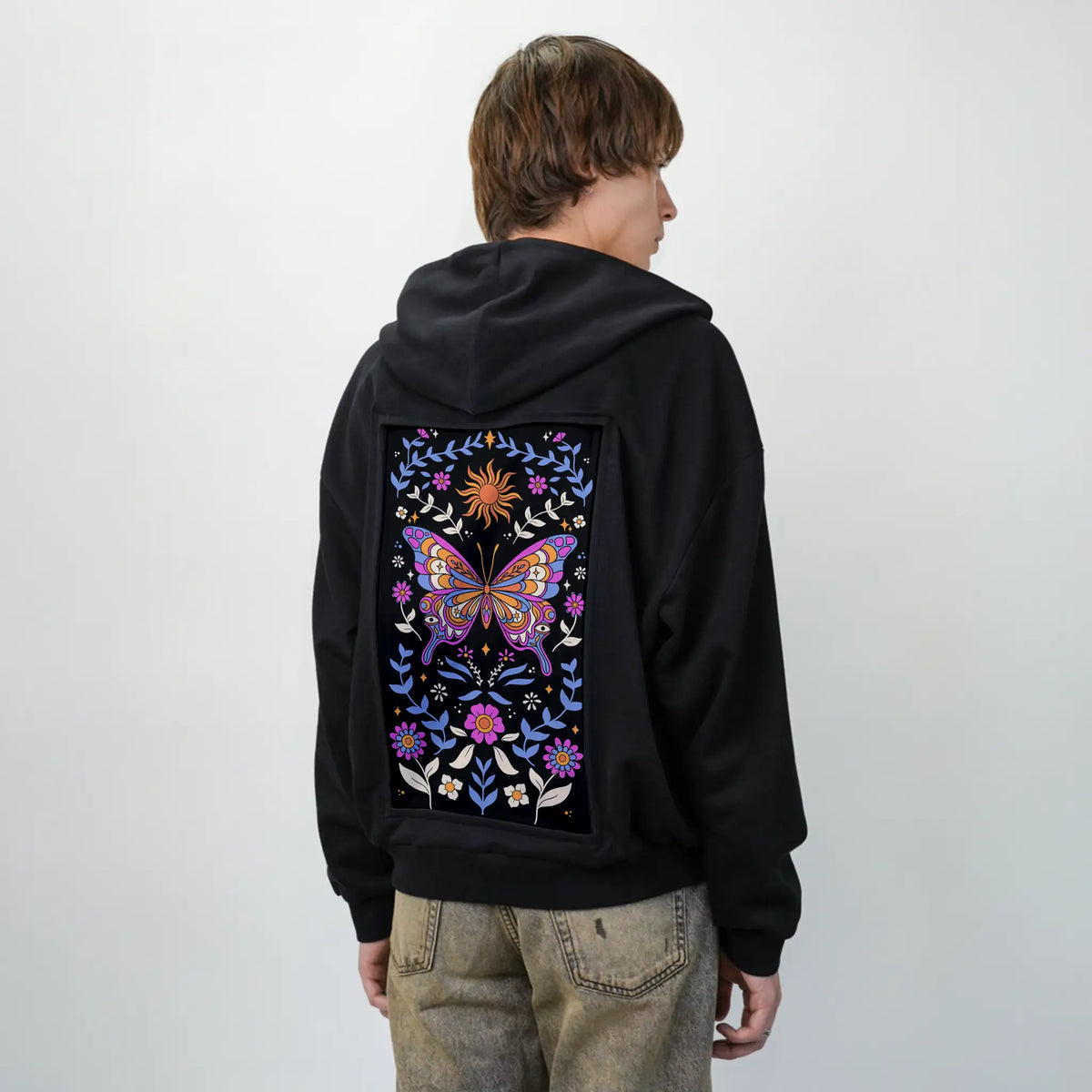 butterflykaleidoscope patch on male essential zip hoodie in after hours