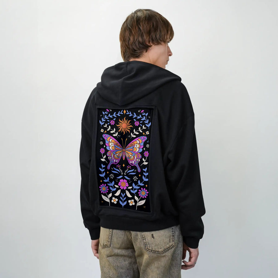butterflykaleidoscope patch on male essential zip hoodie in after hours