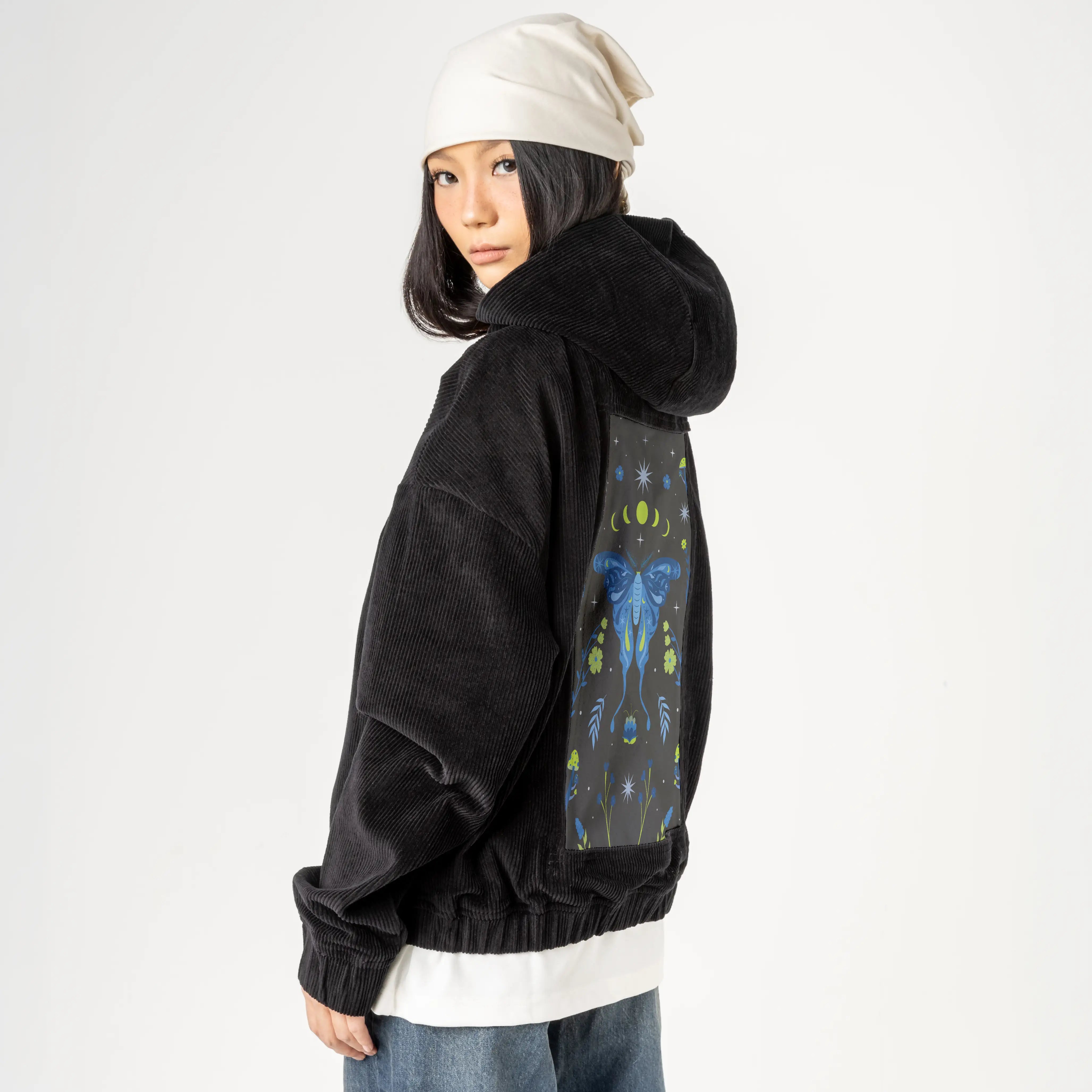 butterflyphase patch on female retro cord hoodie in onyx