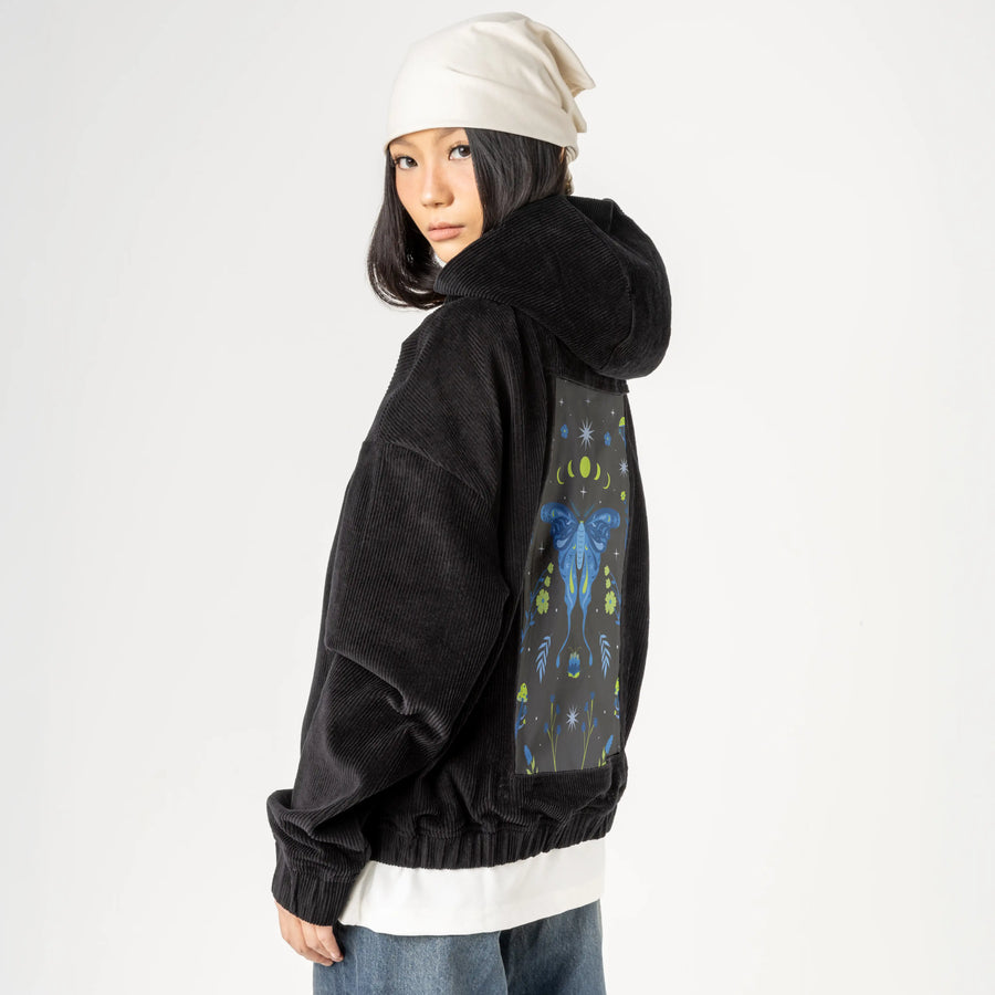 butterflyphase patch on female retro cord hoodie in onyx