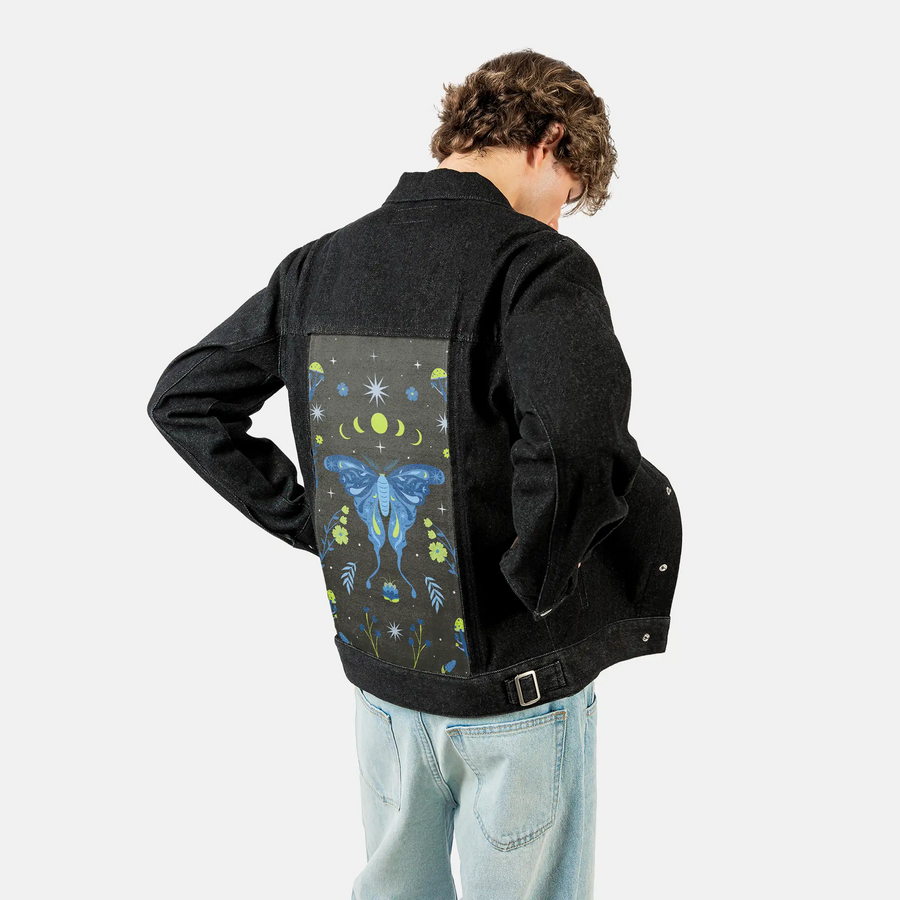 butterflyphase patch on male og denim jacket in raven