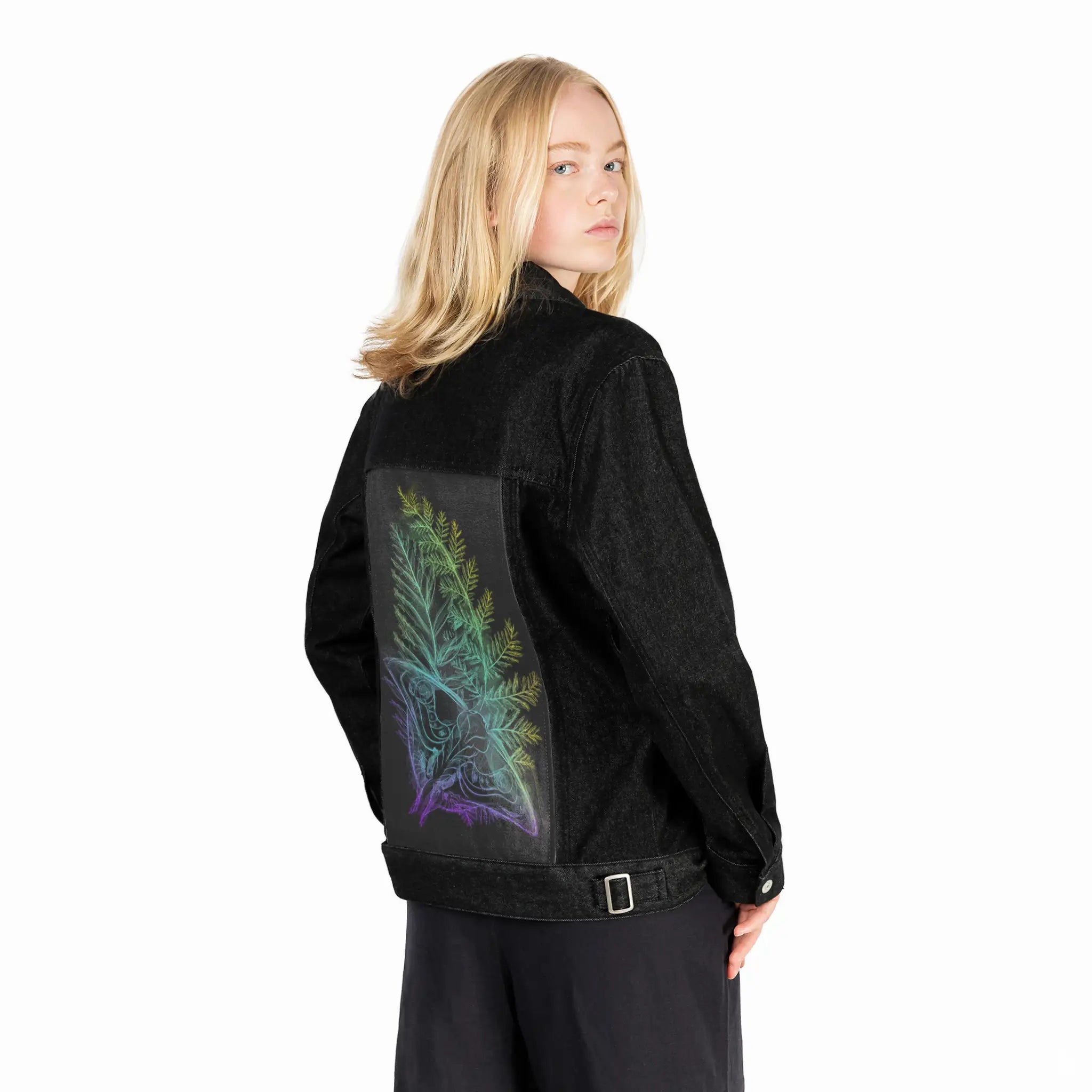 butterflysmoke patch on female og denim jacket in raven