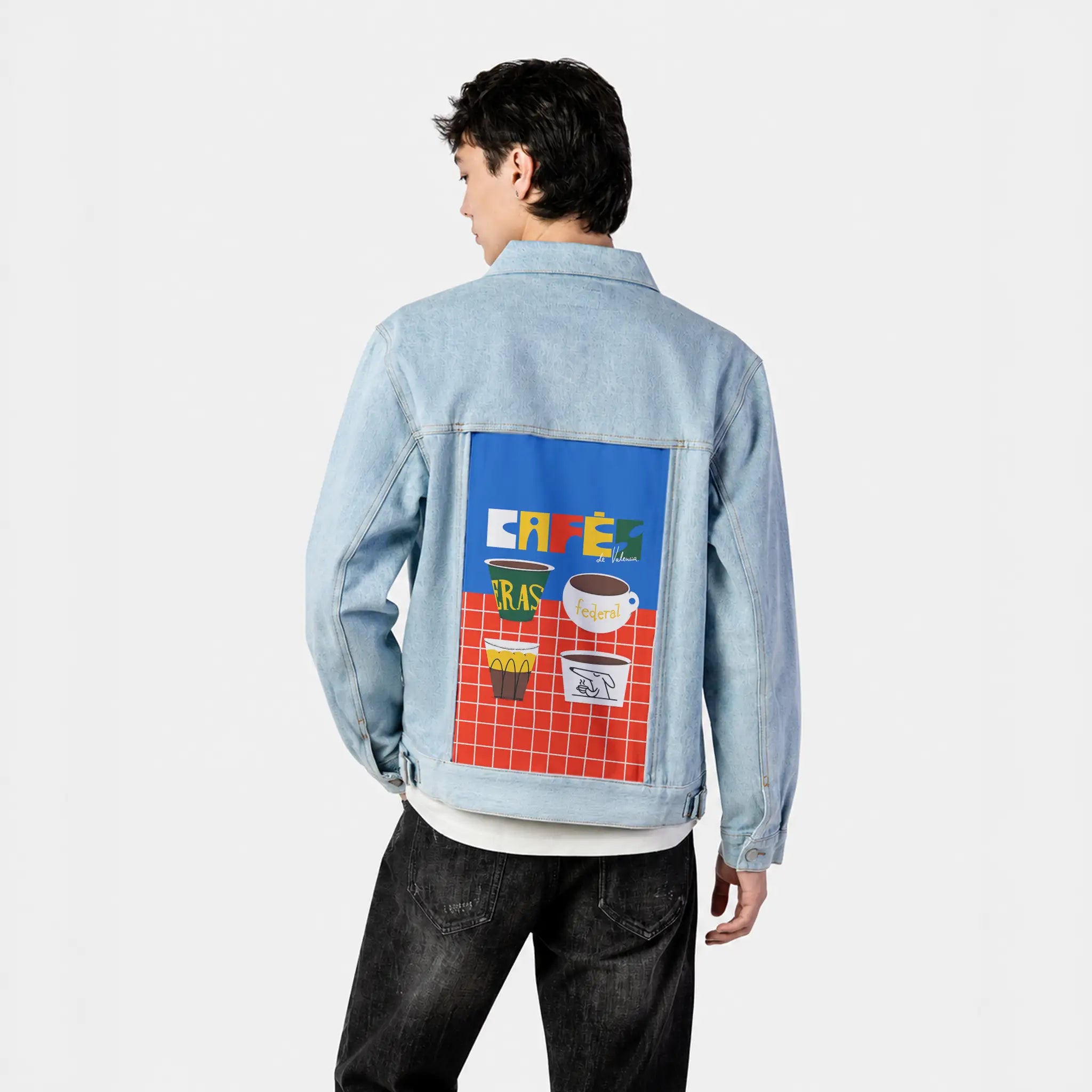 cafesdevalencia patch on male og denim jacket in oceanside