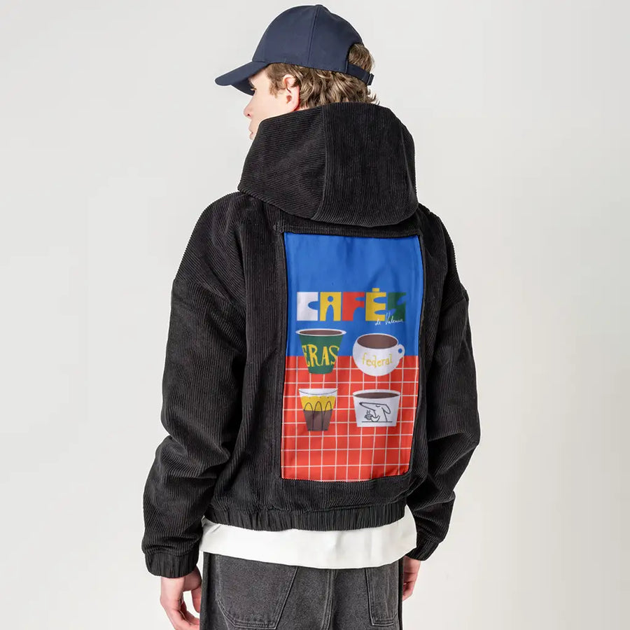 cafesdevalencia patch on male retro cord hoodie in onyx
