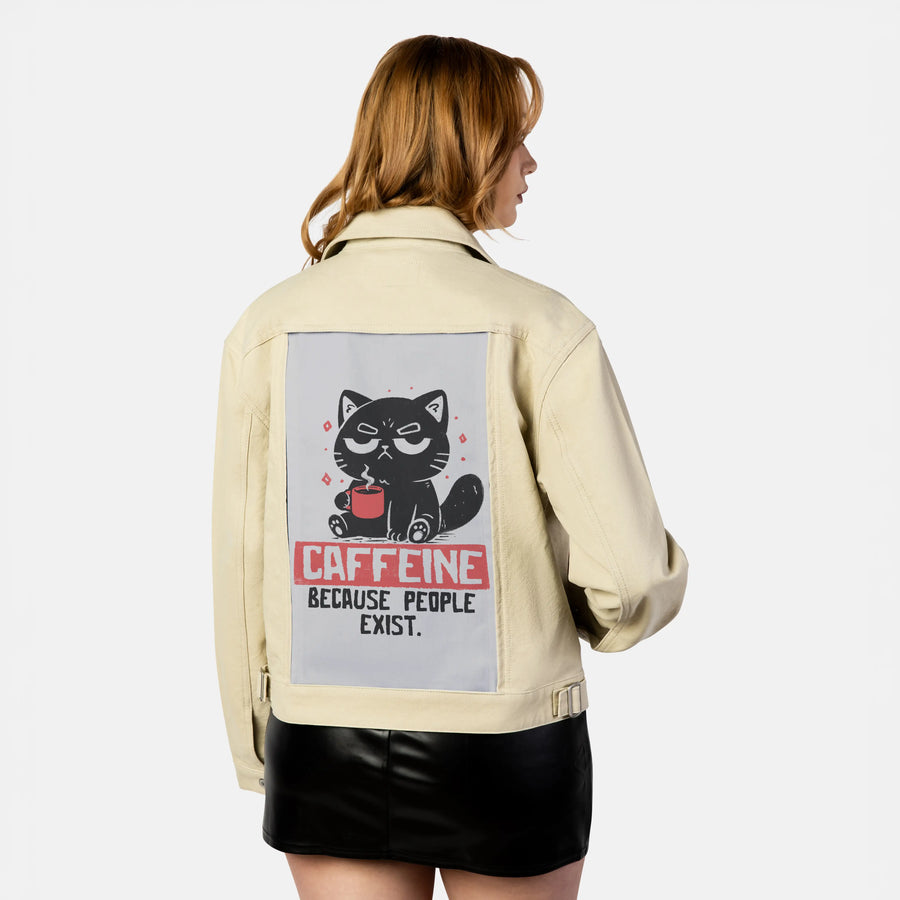caffeinecat patch on female atelier canvas jacket in tan