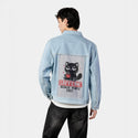 caffeinecat patch on male og denim jacket in oceanside