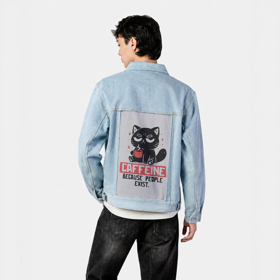 caffeinecat patch on male og denim jacket in oceanside