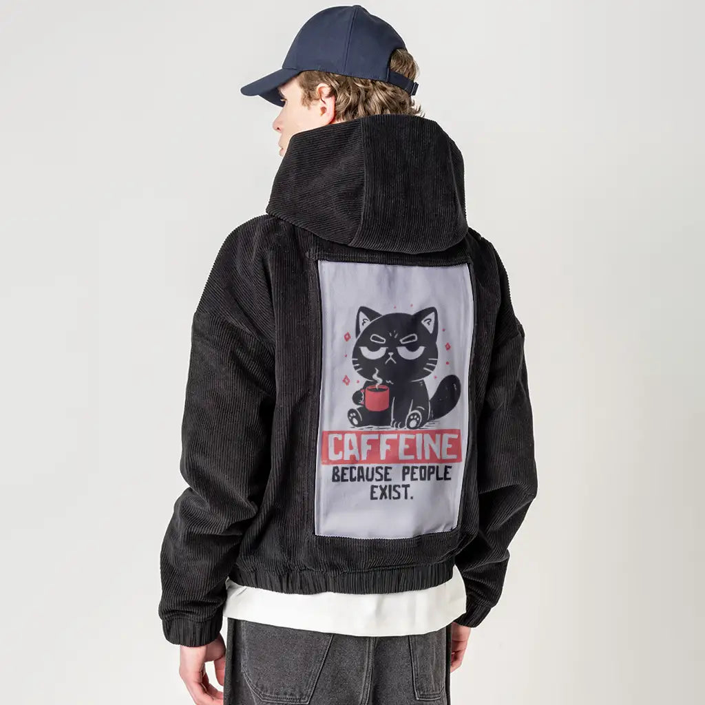 caffeinecat patch on male retro cord hoodie in onyx