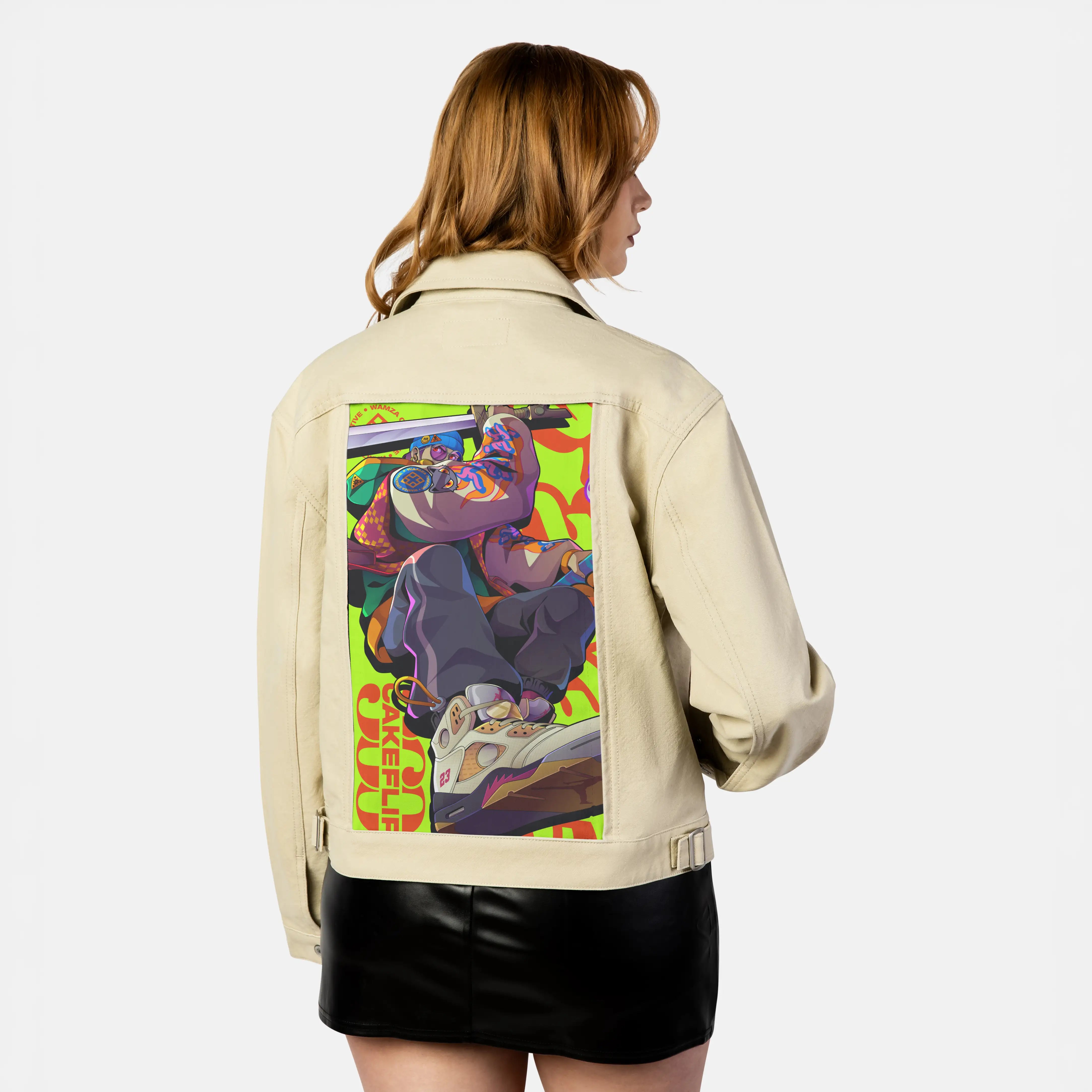cakeflip patch on female atelier canvas jacket in tan
