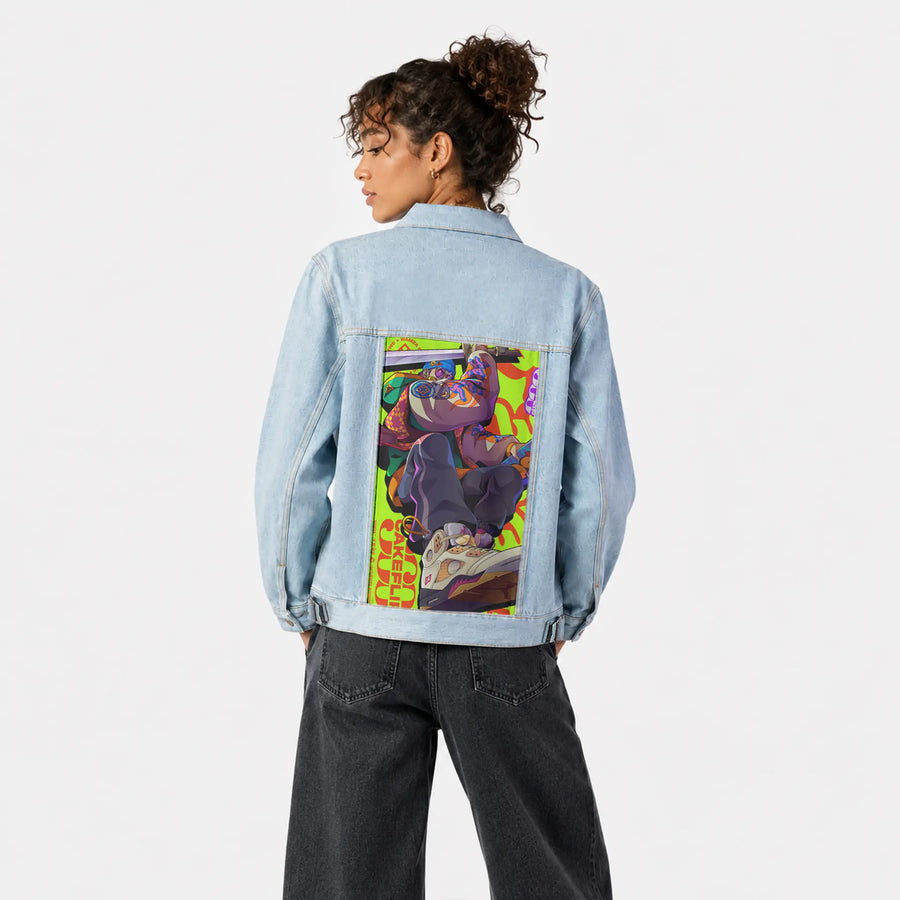 cakeflip patch on female og denim jacket in oceanside