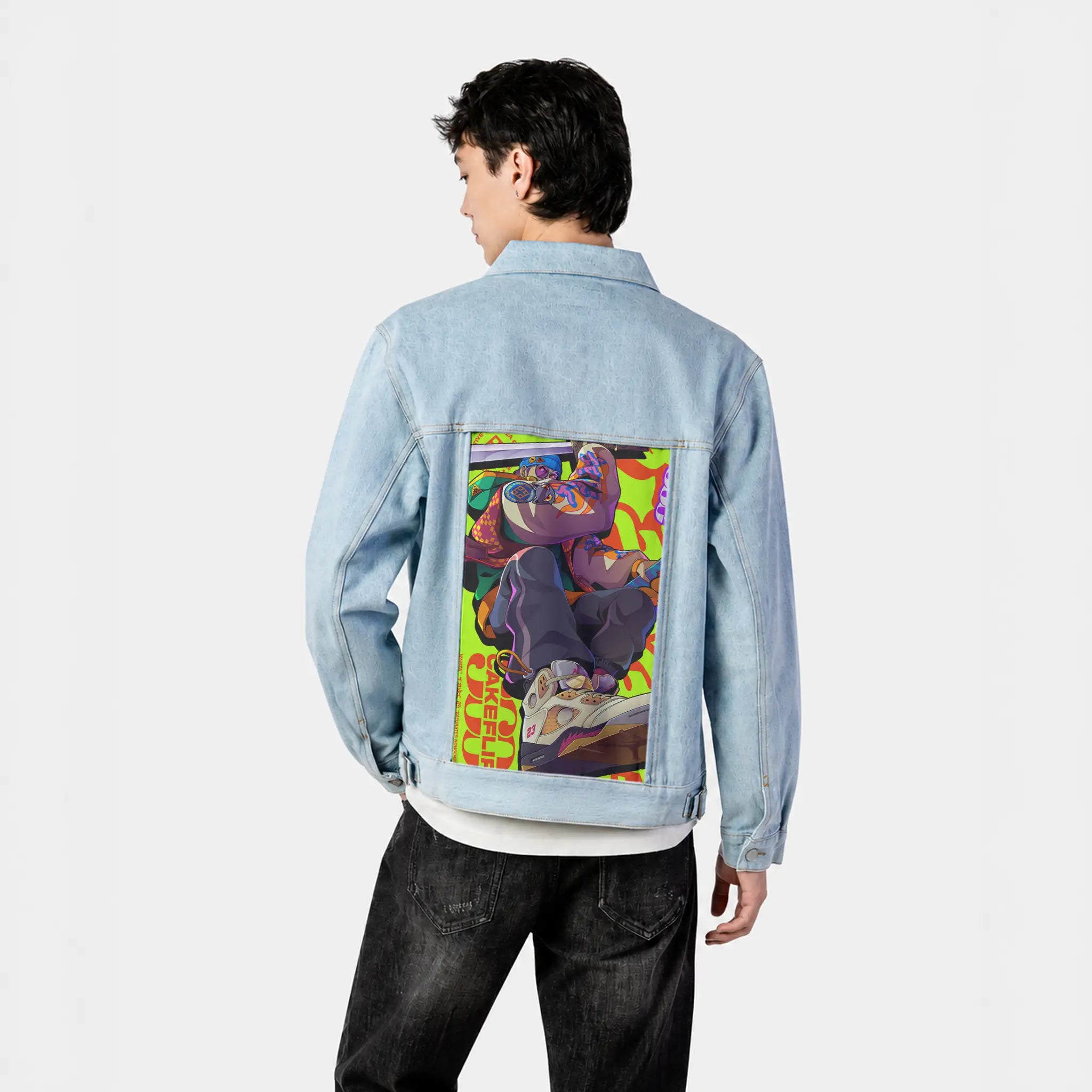 cakeflip patch on male og denim jacket in oceanside