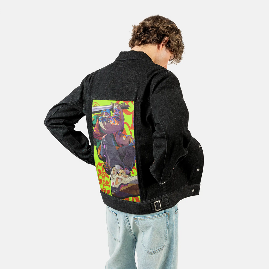 cakeflip patch on male og denim jacket in raven