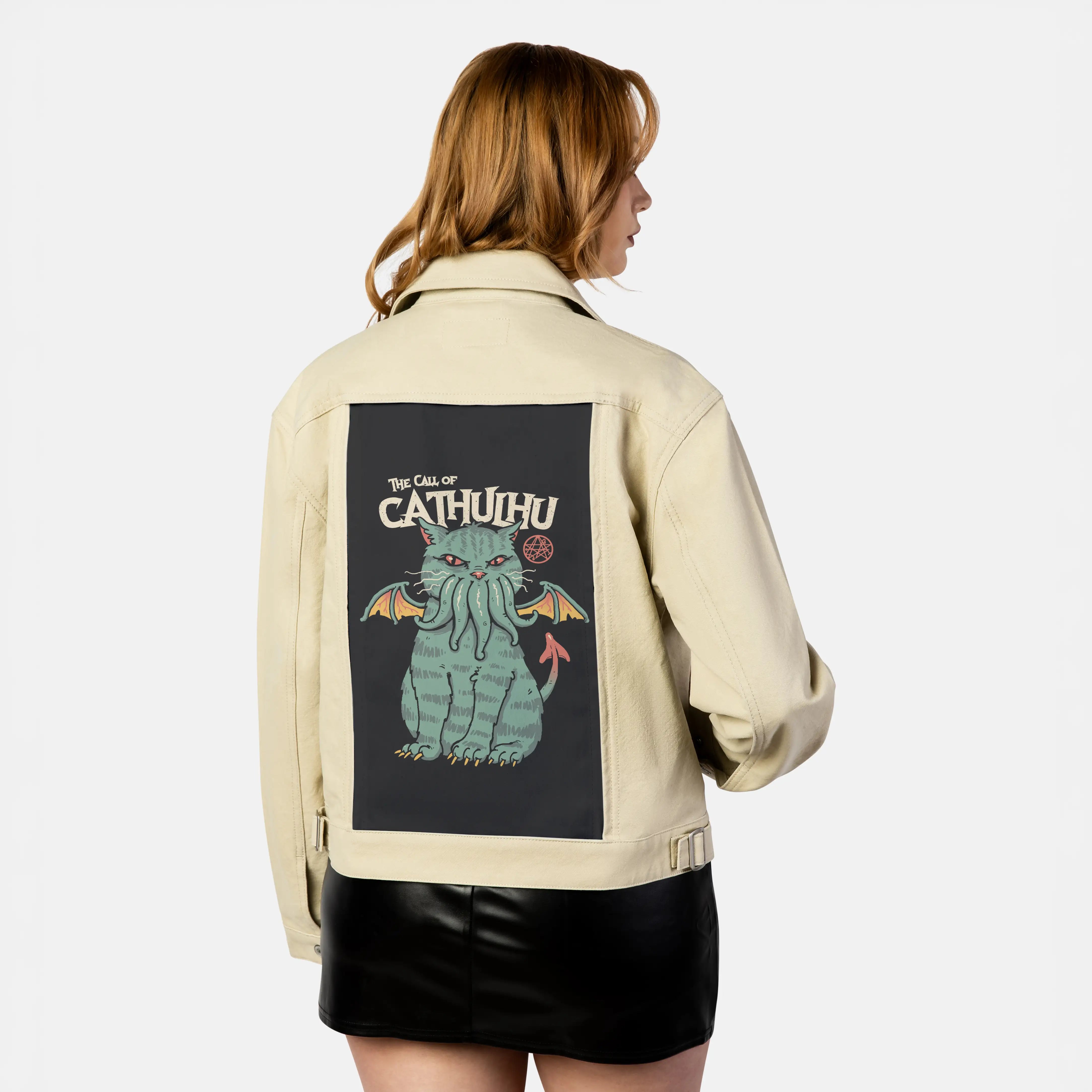 callofcathulu patch on female atelier canvas jacket in tan