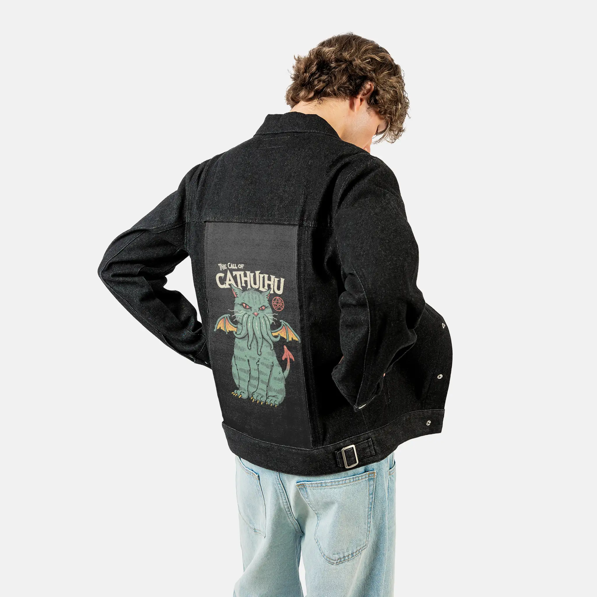 callofcathulu patch on male og denim jacket in raven